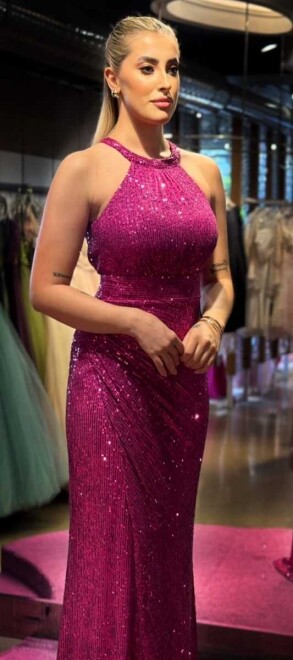 Fuchsia Slit Straight Cut Sequin Long Evening Dress 7419 - 3