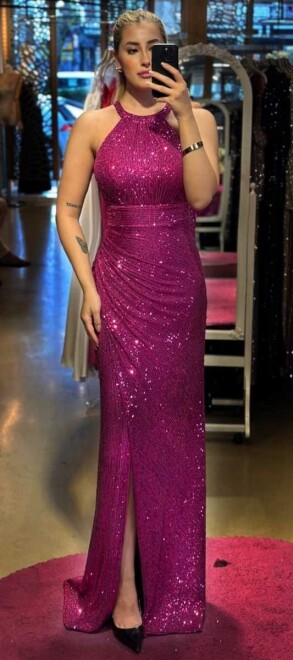 Fuchsia Slit Straight Cut Sequin Long Evening Dress 7419 