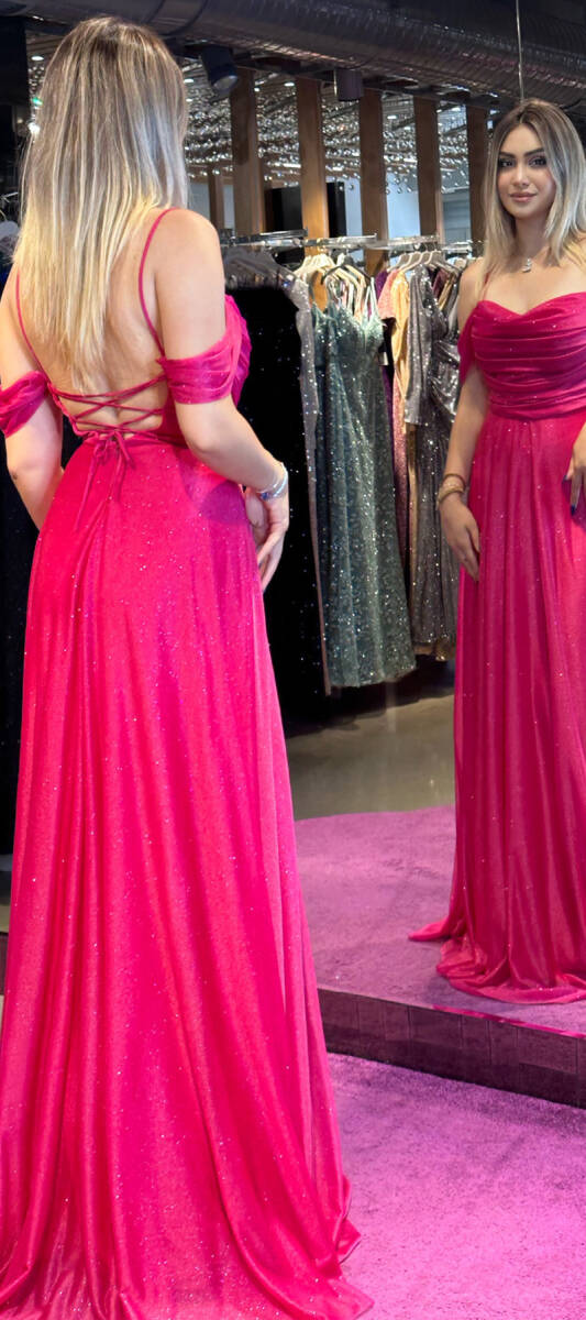 Fuchsia Spaghetti Strap Low-Cut Back Flared Skirt Glitter Long Evening Dress 7365 - 4