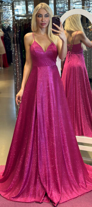 Fuchsia Spaghetti Strap Low-Cut Back Wrap Slit Flared Skirt Glitter Long Evening Dress 6885 