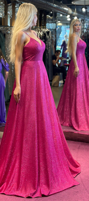 Fuchsia Spaghetti Strap Low-Cut Back Wrap Slit Flared Skirt Glitter Long Evening Dress 6885 - 3