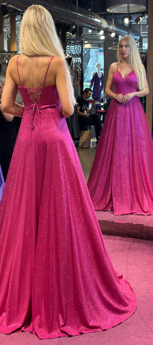 Fuchsia Spaghetti Strap Low-Cut Back Wrap Slit Flared Skirt Glitter Long Evening Dress 6885 - 5