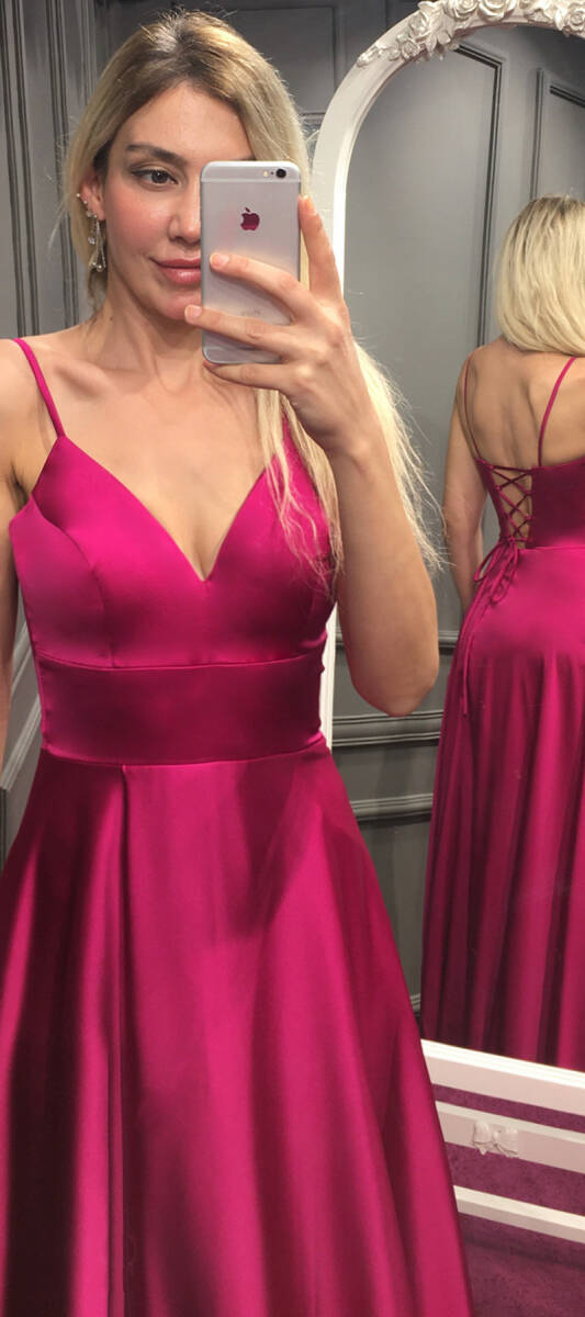 Fuchsia Spaghetti Strap Low-Cut Back Wrap Slit Flared Skirt Satin Long Evening Dress 6777 - 2