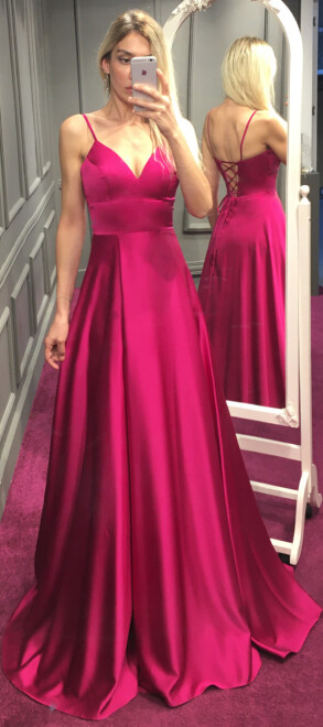 Fuchsia Spaghetti Strap Low-Cut Back Wrap Slit Flared Skirt Satin Long Evening Dress 6777 