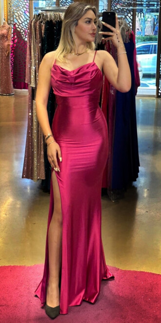 Fuchsia Spaghetti Strap Slit Straight Cut Lycra Long Evening Dress 7429 