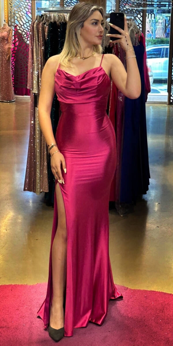 Fuchsia Spaghetti Strap Slit Straight Cut Lycra Long Evening Dress 7429 - 1