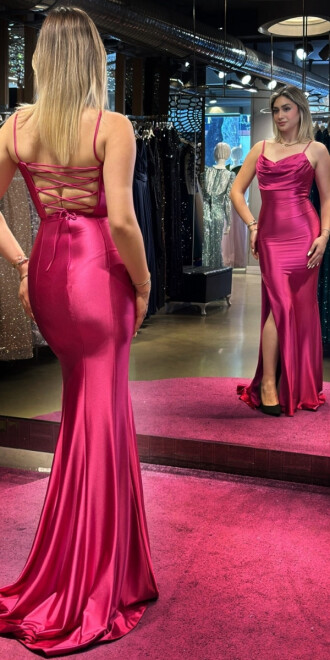 Fuchsia Spaghetti Strap Slit Straight Cut Lycra Long Evening Dress 7429 - 4