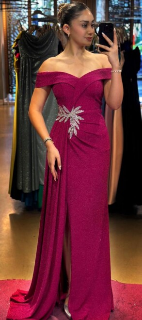 Fuchsia Stone Detailed Slit Straight Cut Glitter Long Evening Dress 7566 