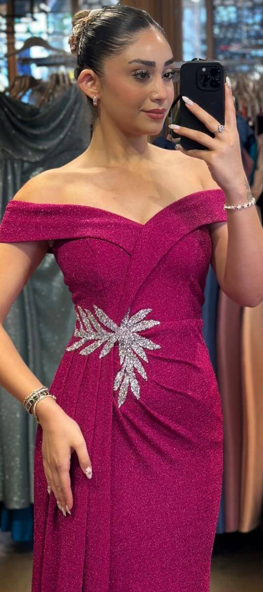 Fuchsia Stone Detailed Slit Straight Cut Glitter Long Evening Dress 7566 - 2