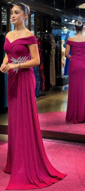 Fuchsia Stone Detailed Slit Straight Cut Glitter Long Evening Dress 7566 - 3