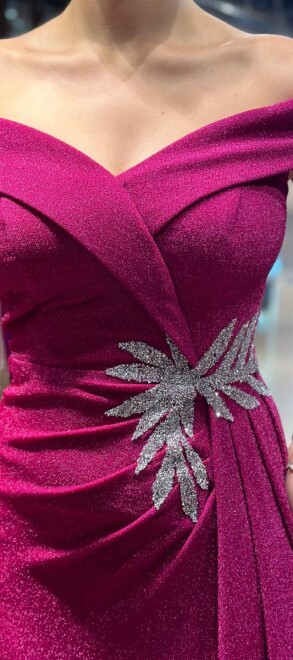 Fuchsia Stone Detailed Slit Straight Cut Glitter Long Evening Dress 7566 - 4