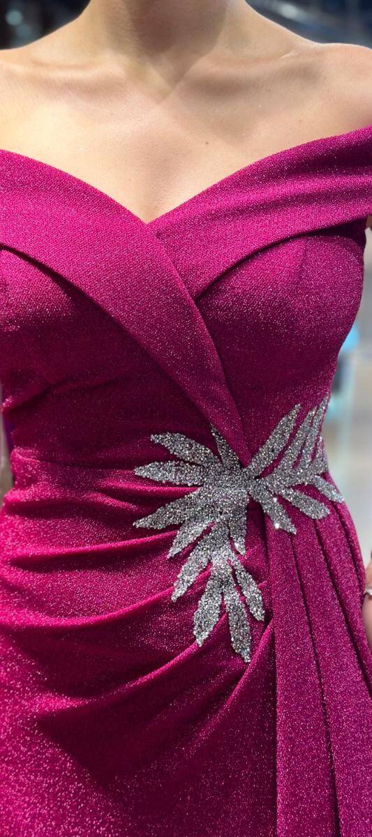 Fuchsia Stone Detailed Slit Straight Cut Glitter Long Evening Dress 7566 - 4