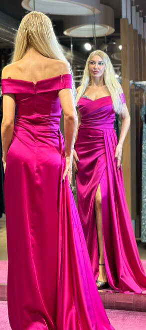 Fuchsia Stone Detailed Slit Straight Cut Satin Long Evening Dress 7443 - 6