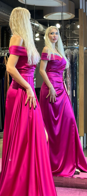 Fuchsia Stone Detailed Slit Straight Cut Satin Long Evening Dress 7443 - 4