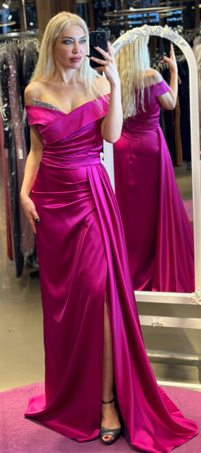 Fuchsia Stone Detailed Slit Straight Cut Satin Long Evening Dress 7443 - 2