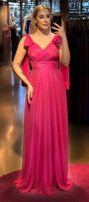 Fuchsia Thick Strap Flared Skirt Glitter Fabric Long Evening Dress 7557 