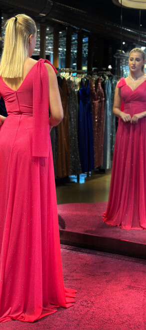 Fuchsia Thick Strap Flared Skirt Glitter Fabric Long Evening Dress 7557 - 5