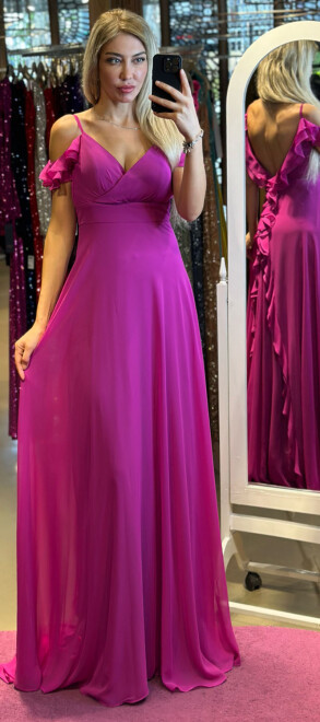 Fuchsia Thin Strapped Flared Skirt Chiffon Long Evening Dress 7392 - 1