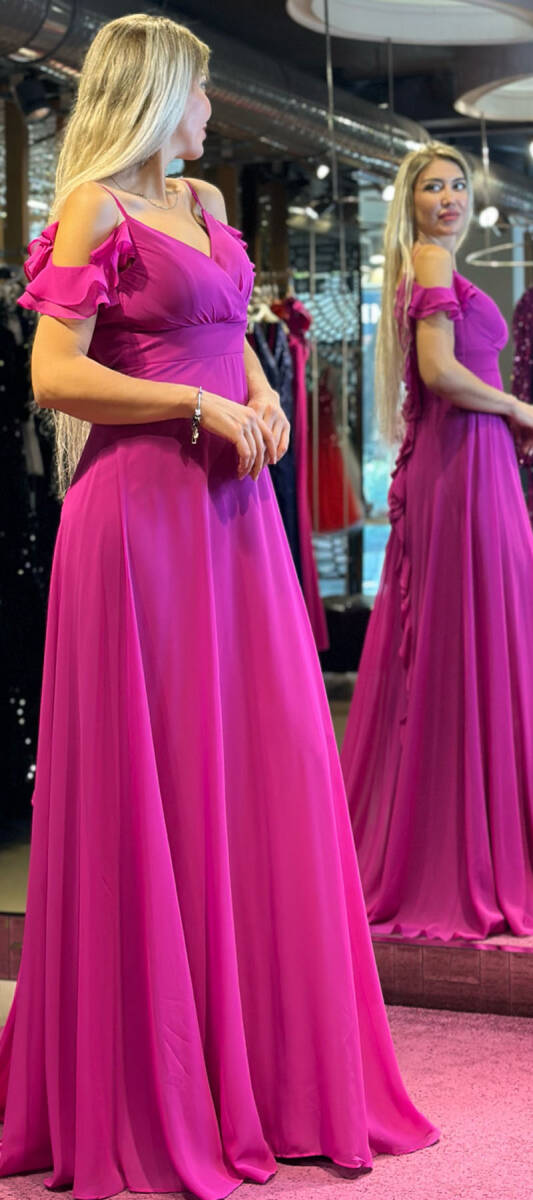 Fuchsia Thin Strapped Flared Skirt Chiffon Long Evening Dress 7392 - 3