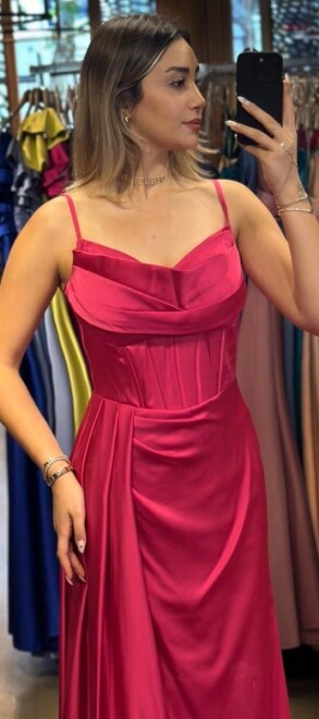 Fuchsia Thin Strapped Slit Straight Cut Satin Long Evening Dress 7564 - 2