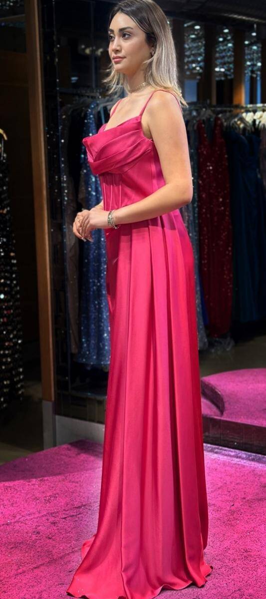 Fuchsia Thin Strapped Slit Straight Cut Satin Long Evening Dress 7564 - 3