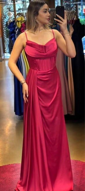 Fuchsia Thin Strapped Slit Straight Cut Satin Long Evening Dress 7564 