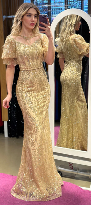 Gold Balloon Sleeve Lace Detailed Straight Cut Glitter Long Evening Dress 7278 