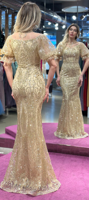 Gold Balloon Sleeve Lace Detailed Straight Cut Glitter Long Evening Dress 7278 - 5