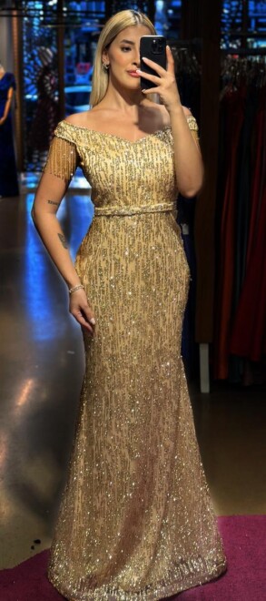 Gold Beaded Straight Cut Glitter Long Evening Dress 7603 