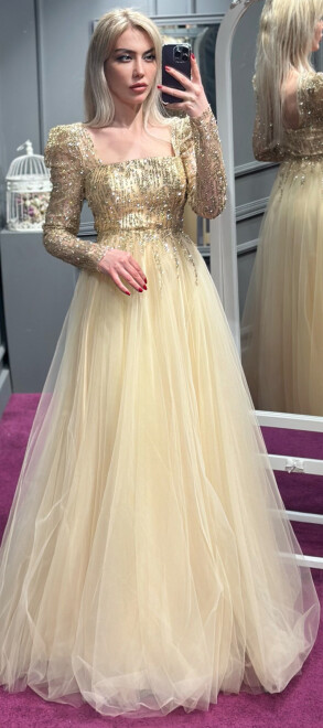 Gold Long Sleeve Flared Skirt Tulle Long Evening Dress 7352 