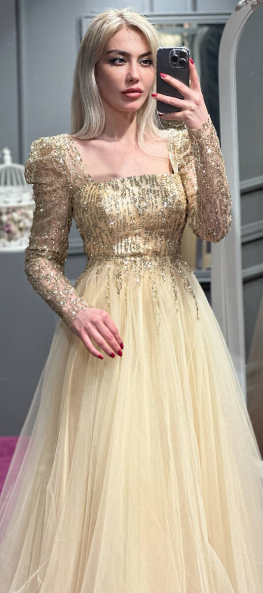 Gold Long Sleeve Flared Skirt Tulle Long Evening Dress 7352 - 2