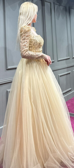 Gold Long Sleeve Flared Skirt Tulle Long Evening Dress 7352 - 3