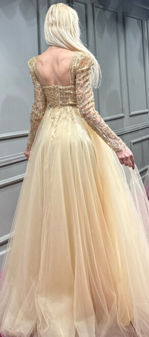 Gold Long Sleeve Flared Skirt Tulle Long Evening Dress 7352 - 5