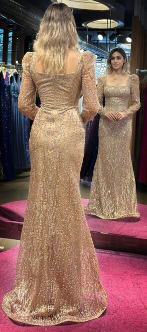 Gold Long Sleeve Mermaid Skirt Glitter Long Evening Dress 7314 - 5