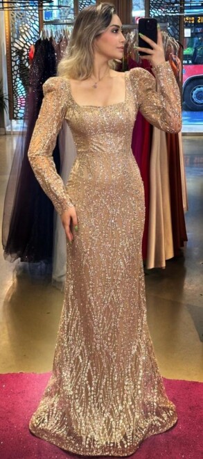 Gold Long Sleeve Mermaid Skirt Glitter Long Evening Dress 7314 