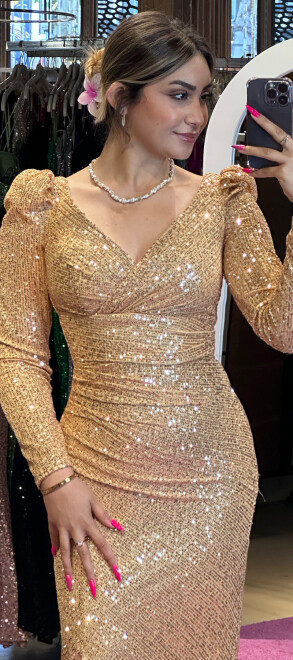 Gold Long Sleeve Slit Straight Cut Sequin Long Evening Dress 7321 - 2