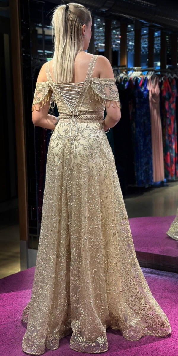 Gold Low Sleeve Beaded Flared Skirt Glitter Long Evening Dress 7525 - 5