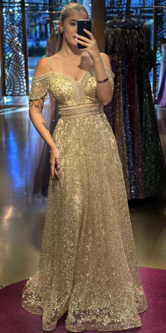 Gold Low Sleeve Beaded Flared Skirt Glitter Long Evening Dress 7525 