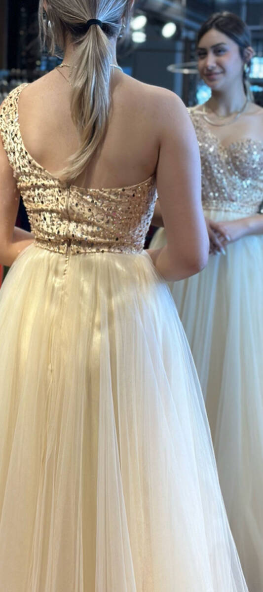 Gold One Shoulder Flared Skirt Tulle Long Evening Dress 7423 - 3