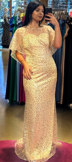 Gold Short Sleeve Straight Cut Beaded Sequin Long Evening Dress 7567 