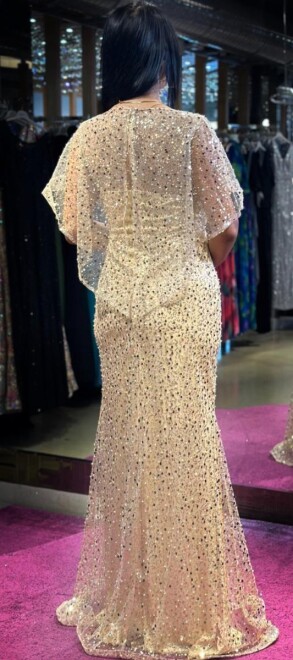 Gold Short Sleeve Straight Cut Beaded Sequin Long Evening Dress 7567 - 4