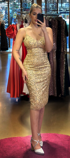 Gold Spaghetti Strap Cut Out Waist Straight Cut Glitter Midi Evening Dress 7129 - 1