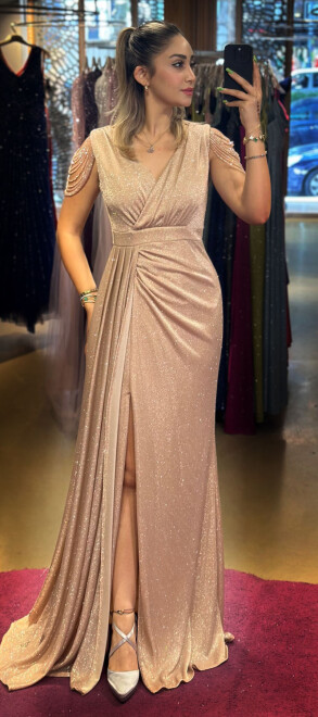 Gold Thick Strap Beaded Slit Straight Cut Glitter Long Evening Dress 7551 