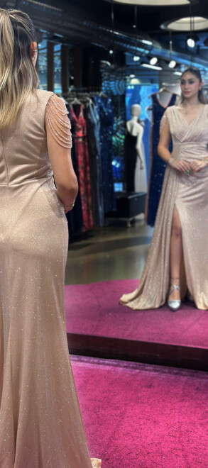 Gold Thick Strap Beaded Slit Straight Cut Glitter Long Evening Dress 7551 - 5