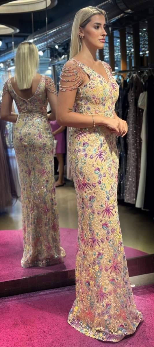 Gold Thick Strap Beaded Straight Cut Patterned Long Evening Dress 7584 - 3