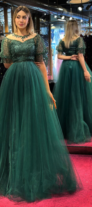 Green Balloon Sleeve Flared Skirt Tulle Long Evening Dress 7480 - 3