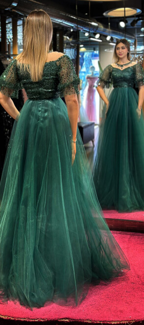 Green Balloon Sleeve Flared Skirt Tulle Long Evening Dress 7480 - 5