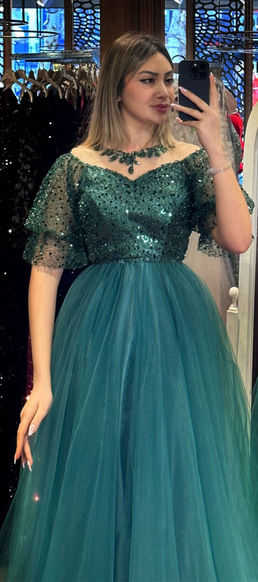 Green Balloon Sleeve Flared Skirt Tulle Long Evening Dress 7480 - 2