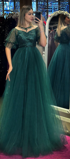 Green Balloon Sleeve Flared Skirt Tulle Long Evening Dress 7480 - 1