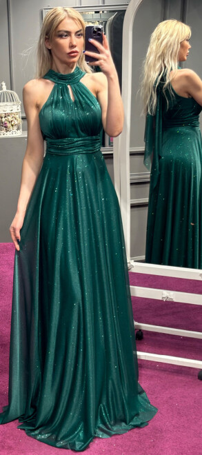 Green Belted Low-Cut Back Flared Skirt Glitter Fabric Long Evening Dress 6646 